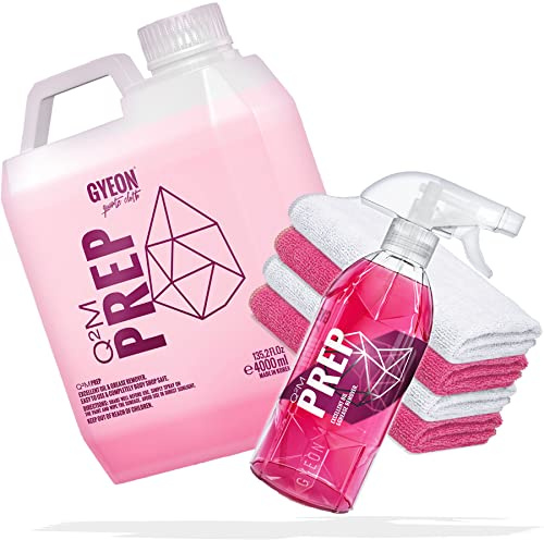 detailmate GYEON Q²M Prep Car Paint Preparation Set 500 ml + 4 Litre Canister Pre-Cleaner + 2x Premium Microfibre Cloths 320 GSM 40 x 40 cm White + 2x Premium Microfibre Cloths 320GSM 40 x 40 cm Pink
