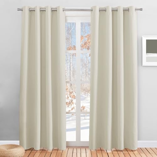 PONY DANCE Eyelet Beige Curtains - Thermal Insulated Privacy Energy Saving Curtains & Drapes, Super Soft Cream Noise Reducing Drapes for Kid's Bedroom Living Room, 52 x 84 Inches, 2 Panels