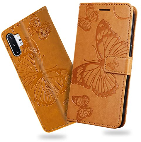 DENDICO Hülle für Galaxy Note 10 Plus/Galaxy Note 10 Plus 5G, PU Leder Magnetverschluss Flip Handyhülle Schutzhülle mit Standfunktion und Kartenfach für Samsung Galaxy Note 10 Plus, Gelb