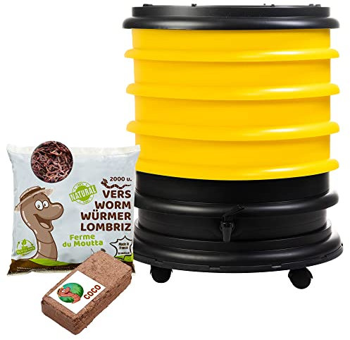 WORMbox | Wormery Worm Farm composter 4 Yellow Trays + 1kg of Compost Worms / 2000 ctn + 1 Coco | 64 liters | Organic Waste Compost, make your Worm Castings
