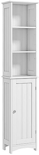 kleankin Armario Alto de Baño Columna Auxiliar de Baño con 3 Compartimientos de Almacenaje Puerta y Estantes Ajustables para Ducha Aseo Dormitorio 34x23x165 cm Blanco