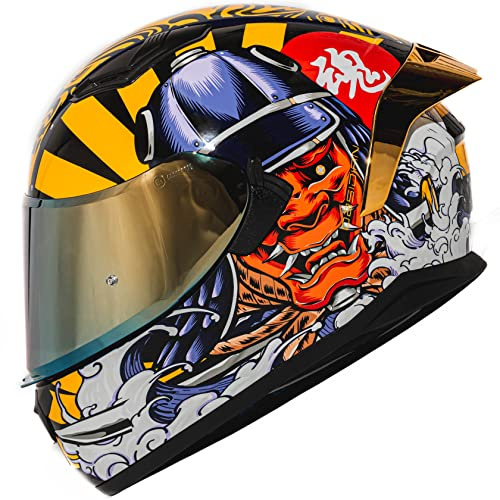 HAX Obsidian Full Face Dual Visor Adult Motorcycle Helmet for Motorbike Street Bike with Pinlock Ready DOT Approved Samurai Gold L