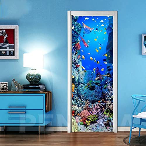 Sticker Porte Effet 3D Autocollant Porte Trompe L'Œil Poster De Porte Stickers Muraux Salon Porte Cuisine Chambre Salle De Bain Sticker Mural Papier Peint Poisson De Corail De Mer 77X200cm