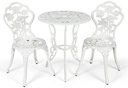 COSTWAY 3 Pieces Patio Bistro Set, Cast Aluminum Antique Weather Resistant Chairs and Table with Umbrella Hole, Antique Bronze Finish Garden Furniture Set Outdoor Dining Set, Rose Design (White)
