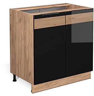 Vicco Spülenunterschrank Fame-Line, Schwarz-Eiche Hochglanz/Goldkraft Eiche, 80 cm mit Regal, ohne Arbeitsplatte