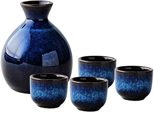 Sake Set Of Cup Set,Ceramic Cups, Crafts Wine Glasses,5 Piece Japanese Sake Set, Navy blue Ceramic Cup Crafts Wine Glasses, Wine Glass Set for Warm/Cold Sake Service, for Home Decor Best Gift for Fami