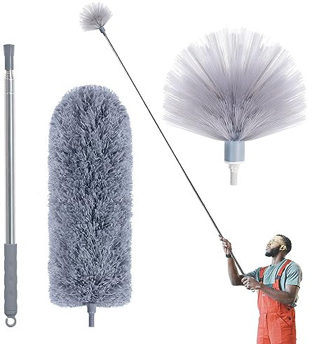 IVYROLL Plumero de telaraña con poste de extensión, cepillo de tela de araña y kit de limpieza de techo, limpiador de plumas de microfibra de 100 pulgadas con cabezal lavable para ventilador de techo,
