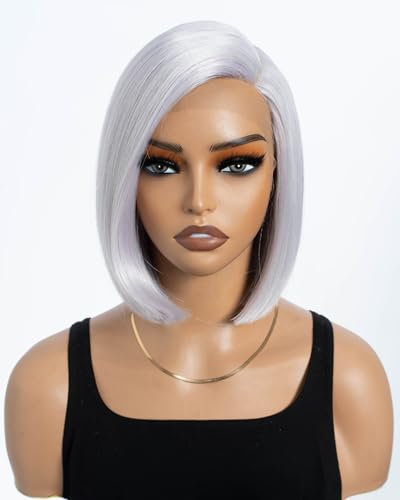 Style Icon Bob Perücke mit Filmansatz Lace Front Wigs Kunsthaar Perücken mit Seitenscheitel 24cm 120g Kunstfaser synthetische Faser (THISTLE)