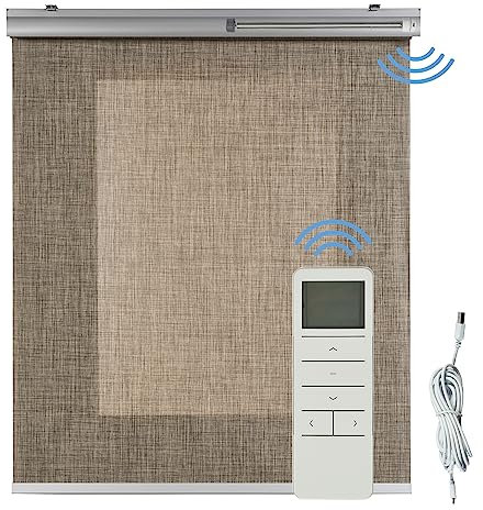 Store Electrique Interieur Screen 5% Store Motorisé Tissu Technique Isolant Thermique pour Porte et fenetre Stores motorisés automatiques avec Batterie et Commande STORESDECO Marrón 140x250cm