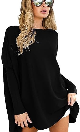 MeeQee Womens Long Sleeve Oversized Tops with Round Neck Casual Loose Comfy Stretch Tunic Tee Shirts Fashion Elegant Simple Solid Color Blouse Top for Ladies Black