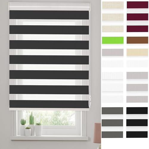 Thermo Rollo Verdunklungsrollo 55 x 300 cm innen lichtdurchlässig & verdunkelnd, Verdunklungsstoff Rollo Hitzeschutzrollo mit Bohren für Fenster & Tür, Schwarz
