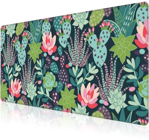 Mouse Pad, Large Succulents and Cactuses Desk Mat, Extended Non-Slip Gaming Keyboard Mousepad Desk Pad, Thick Stitched Edges Waterproof Mouse Mat 31.5x15.7 (Tropical Plants)