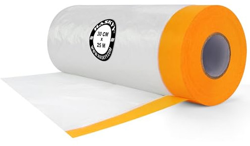 HASKYY Maler Abdeckfolie mit Klebeband Malerfolie stark wasserdicht Abdeckband 30cm x 25m Selbstklebende 7,5m² Rolle Goldband Masker Tape Transparent Baufolie Malerkrepp