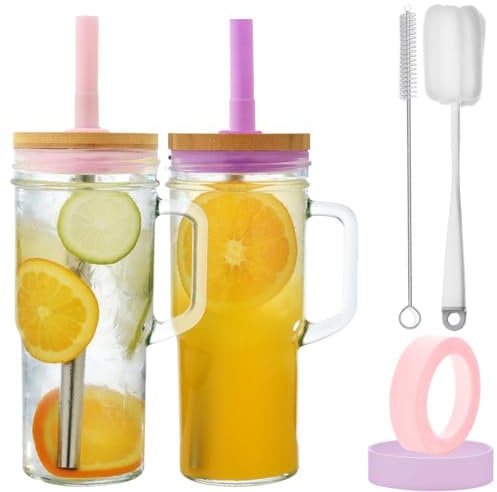 VITEVER Glasbecher mit Deckel und Strohhalm, 710ML Trinkgläser mit Griff, Silikonstiefel, Spitzen, Bürste, wiederverwendbare Eiskaffeebecher, Bubble Tee Smoothie Becher, 2 Pack - Rosa+Lila