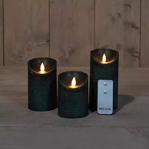 Anna's Collection 3ST KAARS ANTIEK GROEN Wax RUSTIEK BEWEGENDE VLAM 7,5X10/12,5/15CM AFSTANDSBEDIENING 3X3AAA