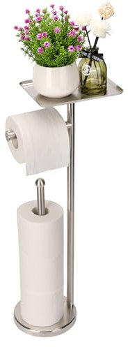 Noonext Porta carta igienica con ripiano, autoportante, con vassoio per piccoli oggetti, spazio per 4 rotoli di carta igienica extra (nichel spazzolato)