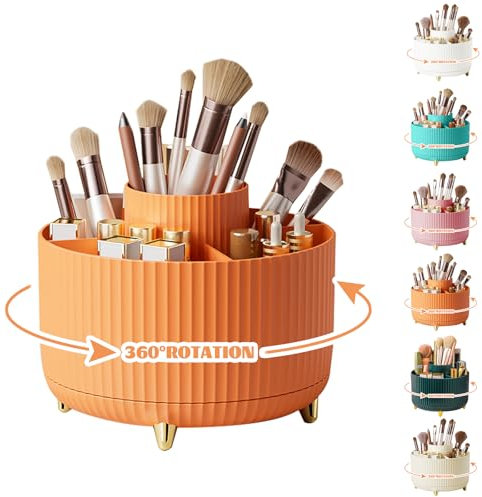 360° Drehbar Make up Organizer, Pinselhalter Kosmetik Aufbewahrung mit 5 Fächern, Aesthetic Schminktisch Organizers für Zimmer Decor Frisiertisch, Schlafzimmer,Badezimmer Organisation (Orange)