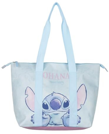 Stitch Strandtasche - Farbe Blau und Rosa - 47x33x15cm - Hergestellt aus Polyester - Stofftasche mit Reißverschluss - Geräumiges Hauptfach - Original Produkt entworfen in Spanien