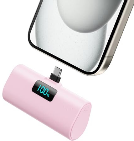 Batería Externa para iPhone Serie 15/16, 5200mAh USB C Power Bank Carga Rápida, Ultra-Ligera Batería Portátil con Pantalla LCD Mini Cargador Portátil para iPhone 16/15/15 Pro MAX Samsung etc.(Rosado)