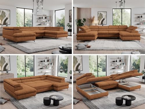 MKS MEBLE Sofa U, Wohnlandschaft U-Form, Ecksofa mit Schlaffunktion und Bettkasten, Schlafsofa mit Bettkasten, Couch mit Verstellbare Kopfstützen - Pedro U - Orange Struktur