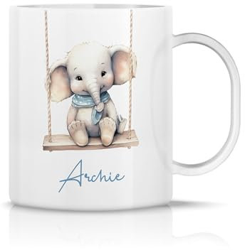 iCaseDesigner Personalised Childrens Polymer Mug - Cute Baby Elephant on a Swing - Blue Theme