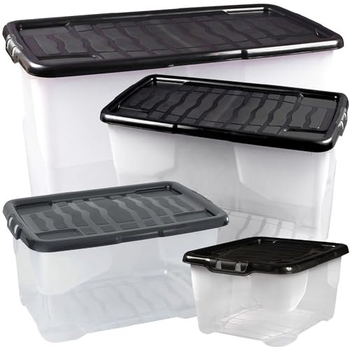 STORM TRADING GROUP Curve Plastic Storage Boxes With Black Lids Stackable & Strong Durable Containers For Home & Office Organization (3, 100 Litre)