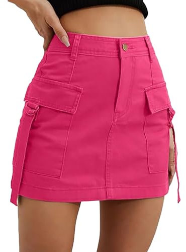 Rifuli Gonne di jeans per le donne mini gonna cargo a vita alta gonna una linea gonna da donna jeans gonne in denim, Rosa acceso, L