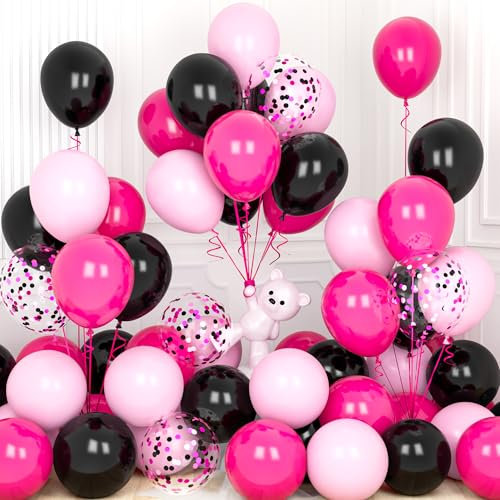 Ousuga 30 Pièces Ballons Rose Noir, 12 Pouces Rose Vif Pastel Noir Confettis Latex Hélium Ballon avec Ruban pour Filles Femmes Fêtes d'Anniversaire Baby Shower Mariage Baptême Fiançailles Décoration