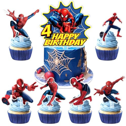 7 Stück Spider Geburtstags Torten Deko, Spider Kuchen Dekoration 4 Jahre, Spider Cupcake Topper, Spider Acryl Cake Dekoration, Geeignet für Kindergeburtstage, Mottopartys, Jubiläen
