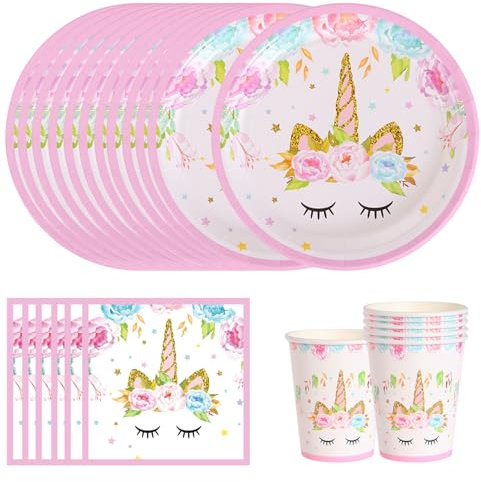 FORYNXHWIN Lot de vaisselle de fête licorne pour 16 invités - Assiettes licorne rose - Décoration de fête d'anniversaire - Assiettes, gobelets, serviettes pour enfants