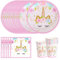 FORYNXHWIN Lot de vaisselle de fête licorne pour 16 invités - Assiettes licorne rose - Décoration de fête d'anniversaire - Assiettes, gobelets, serviettes pour enfants
