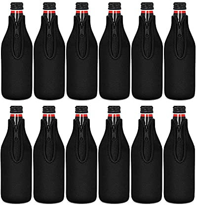 Bordhap 12 Stück Bierflaschenkühler-Hülsen, hält kalt, mit Reißverschluss, Neopren, isoliert, Schwarz