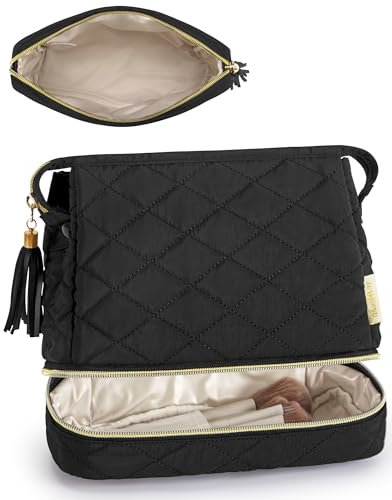BAGSMART Kosmetiktasche,Doppellagige Kosmetik-Aufbewahrungsbox,Große Öffnung,Bauschige Tasche zur Aufbewahrung von Reiseutensilien,Toilettenartikeln,Zubehör,Bürsten,Schwarz(L)
