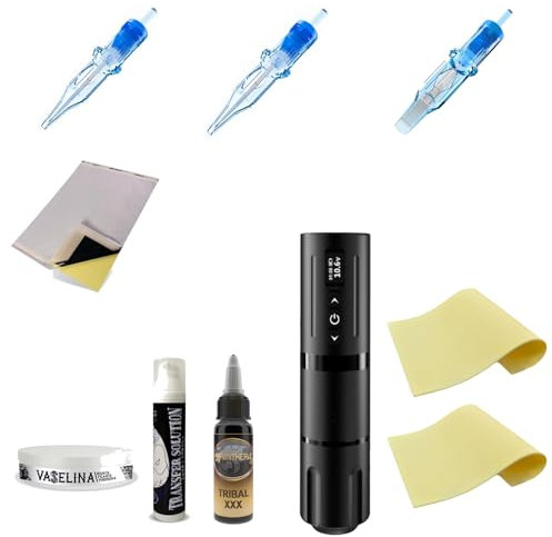 Inkone Starter Kit Tatuaje Inalámbrico: Máquina Rotativa, Piel Sintética, Tinta Panthera Tribal XXX, 30 Cartuchos Emalla, Solución de Transferencia, Vaselina, Papel Thermal Spirit