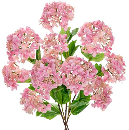 Briful 5er Set Künstliche Hortensien Kunstblumen Wie Echt, 50CM Dekoblumen mit Zwei Knospen Rosa Kunsthortensien für Blumengesteck Home Dekoration
