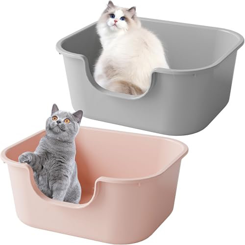 Pawsayes Top Open Large Cat Litter Tray with High Sides and Low Threshold Cats Litter Box, Leak Proof and Cat Litter Splash Prevention Litter Pan, 2 Pcs 47 x 40 x 20 cm (Grey+Pink)