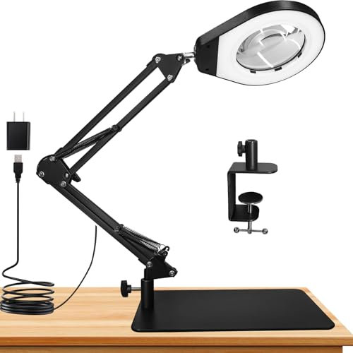 Beyamz LED-Lupenleuchte mit Ständer und Klemme, 10,5 cm 5-fache Lupe, dimmbare Lichter in 5 Farben, Schwenkarmpositionierung, zum Basteln, für Hobbys und zum Lesen (Rechteckiger Sockel)