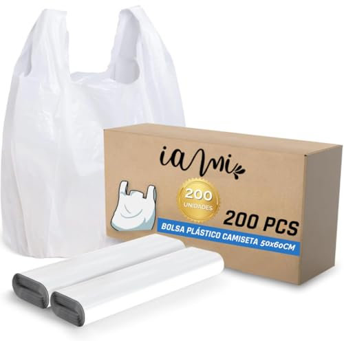 Bolsas de Plastico con Asas - Tamaño 50x60 - Aptas para Uso Alimentario - Paquete con 200 Bolsas de Asas Tipo Camiseta - Super Resistentes - Doble Refuerzo
