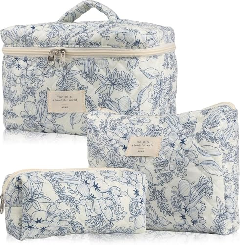 Kosmetiktasche Damen Reise Make Up Tasche, 3 Stück Baumwolle Kulturtasche | Große Schminktasche Make-Up Organizer Tasche, Cosmetic Bag mit Blumenmuster für Kosmetik Kosmetikartikel (Tiefblaue Blume)