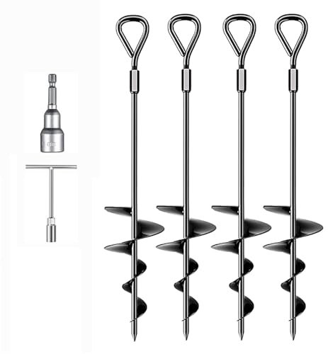 Tent Pegs 4pcs, 45cm Tall Metal Heavy Duty Ground Anchor Screw in Trampolines Spike for Swing Set, Dog, Carport Canopy Stakes Kit, Mobile Home Anchors