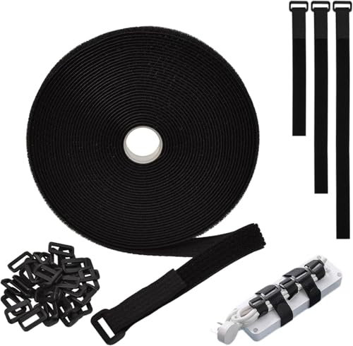 DealKits Fascette Fermacavi da 10m x 2cm con 50 Fibbie, Nero, Fascette a Strappo, Cinghie Fermacavi per Cable Management, Organizzatore Cavi, per Cavi, fili e Corde da Tagliare