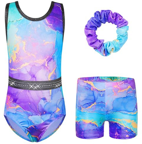 HUAANIUE Mädchen Kinder Gymnastikanzug Set Trikot + Shorts + Haarschmuck Ärmelloser Tanzanzug 3-14 Jahre (KHB364-Marmor Schwarz, 9-10 Jahre)