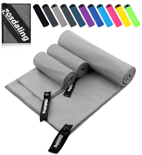 Fosdaling Mikrofaser Handtuch 3er Set - Groß 180×90cm & 2 Klein 80×40cm, Schnelltrocknend Microfaser Sporthandtuch, für Reisehandtuch, Badetuch, Fitness & Sport Handtücher und Strandtuch (Hellgrau)