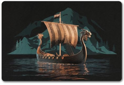 speecheese Wikingerschiff auf Wasser Fußmatte in 40x60 cm ohne Rand - Nordische Eleganz für Ihr Zuhause Drachenkopf-Design für Ihren Eingangsbereich Mittelalterliche Eleganz auf dunklem