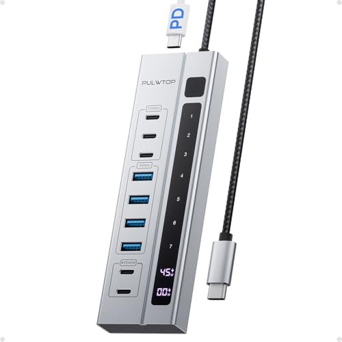 PULWTOP 9-in-1 USB 3.2 Data Hub, Power Adapter NOT Included, Powered USB C Hub with 3 x USB-C 10Gbps, 4 x USB-A 5Gbps and 2 x 24/45W USB-C PD Charging Ports USB Hub for MacBook Laptops Tablets