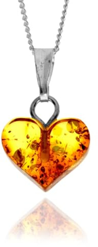 SilverAmber Jewellery UK – Echter winziger baltischer Bernstein geschnitzter Herz-Anhänger an einer zarten 0,7 mm 925er-Sterlingsilber-Panzerkette