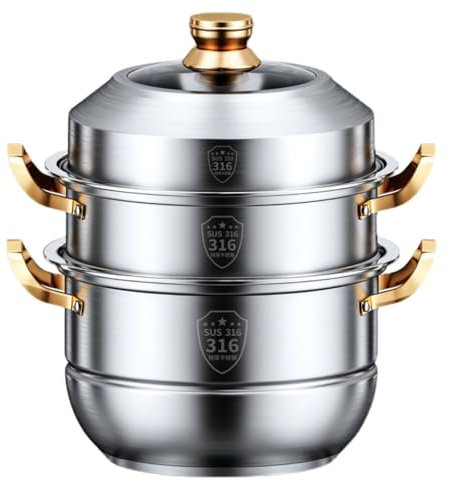 Dampfgarer/Suppentopf mit 3 Ebenen aus Edelstahl, großer Dampfgarer, Gemüsekochtopf mit Glasdeckel und goldenem Griff(45cm)