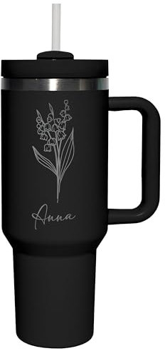 Thermobecher personalisiert „Wunschname“ mit Gravur & Blumen-Motiv - Trinkbecher mit Deckel und Strohhalm 1,2 l / 40 oz - personalisiertes Geschenk Geburtstag Weihnachten - Farbe Black