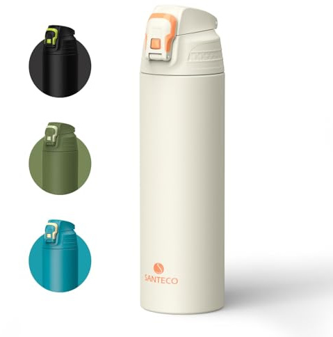 SANTECO Botella con bloqueo de seguridad contra fugas, termo de acero inoxidable, 1 l, sin BPA, termo con bolsa de transporte, botella de agua, apta para lavavajillas, para viajes, camping, color gris