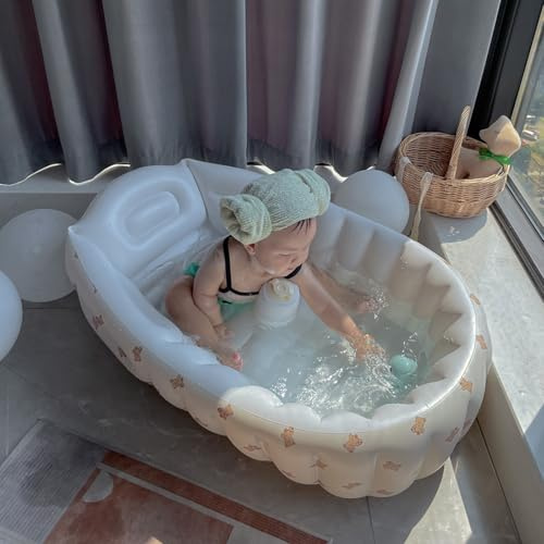 Faltbare tragbare Baby Wanne aus sicherem PVC,Badewanne für Neugeborene & Kleinkinder mit Luftpumpe,Reisebadewanne, auch als Spielpool oder Bällebad nutzbar (Herzbär)